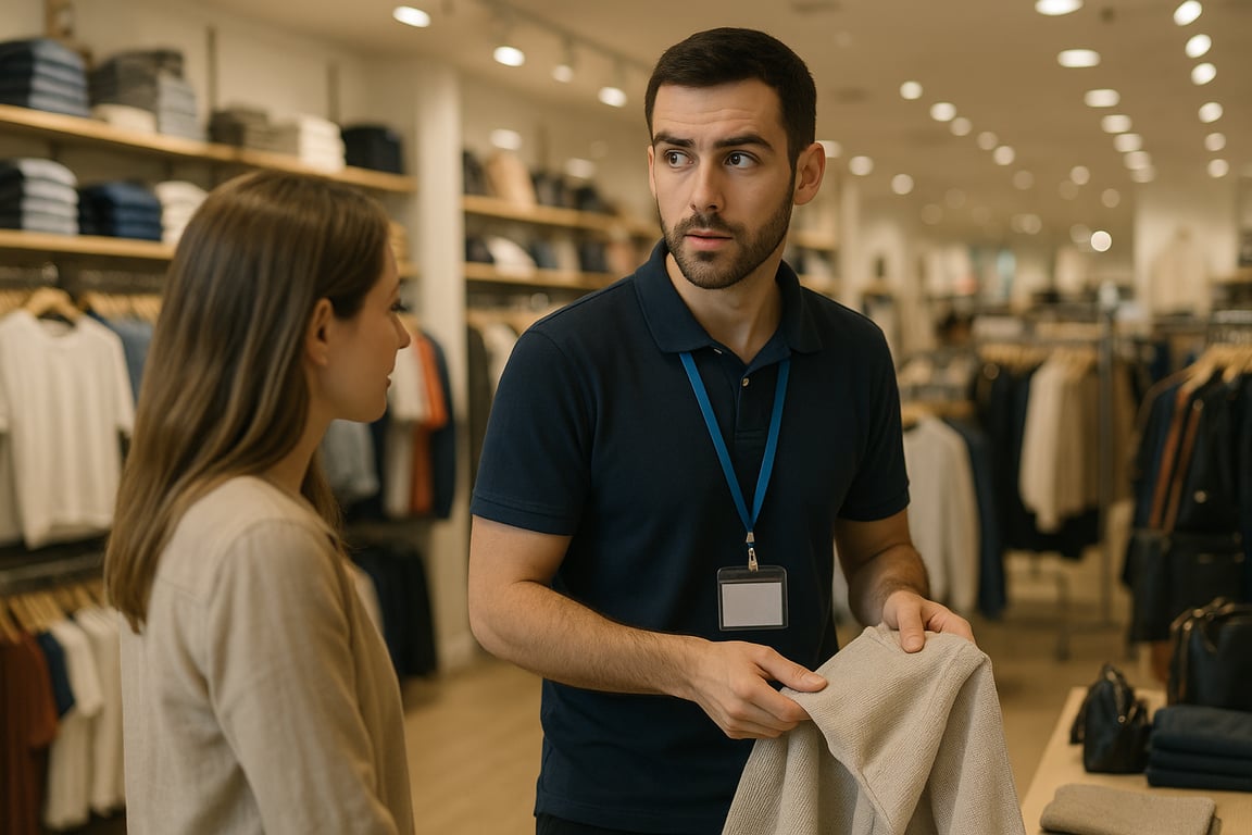 A photorealistic shot capturing a retail employee assisting a customer while maintaining visual awareness of the surroundings, showcasing excellent customer service as a theft deterrent, with a well-lit and organized store environment in the background, emphasizing the importance of staff presence and attentiveness, with soft, natural lighting.