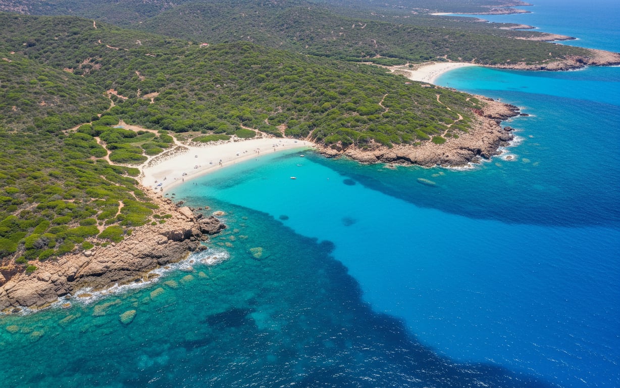 Vedere panoramică asupra coastei turcoaz din Sardinia vara