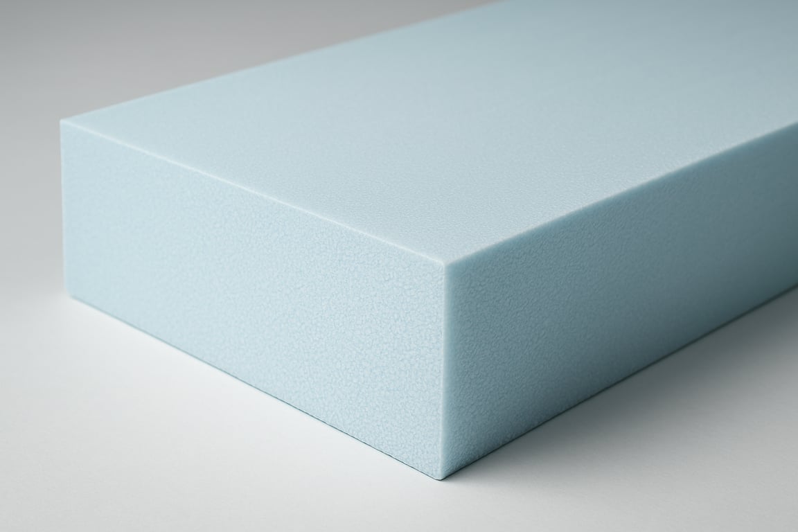 A photorealistic shot capturing a cross-section of extruded polystyrene (XPS) insulation board, showcasing its dense, closed-cell structure, uniform color, smooth surface, sharp edges, studio lighting to highlight material quality, clean background, emphasizing its water resistance and high compressive strength, ideal for demanding insulation applications.