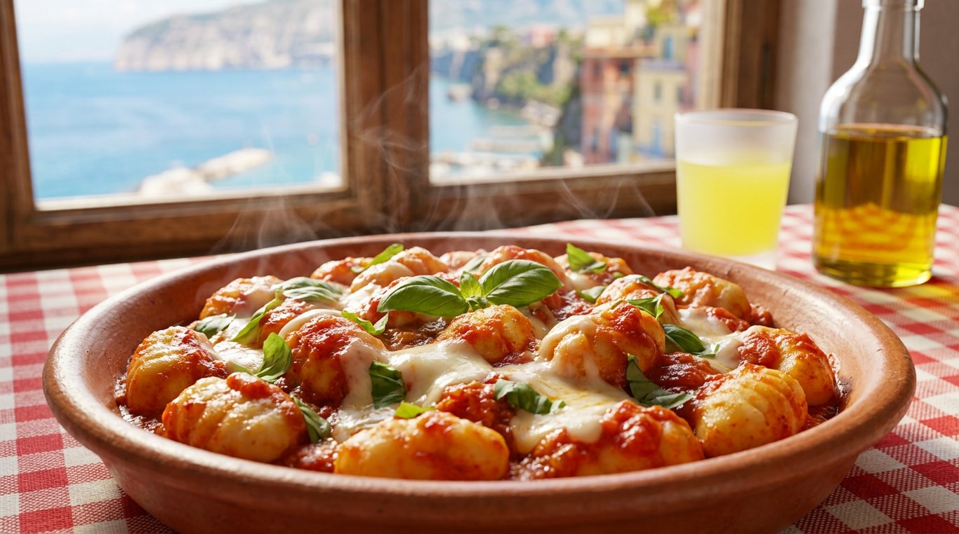 Farfurie tradițională cu gnocchi alla sorrentina servită într-un restaurant autentic italian din Sorrento