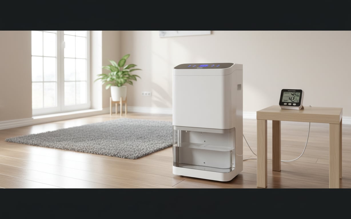 Dezumidificator electric funcționând într-o cameră cu higrometru digital