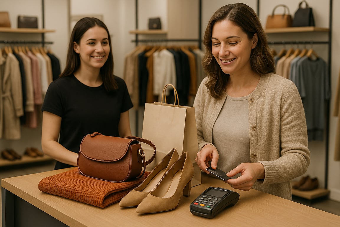 A photorealistic shot capturing a customer at a fashion retail checkout counter, purchasing a variety of items including clothing, shoes, and accessories. The scene emphasizes a high average order value, with the customer appearing satisfied with their purchase. The background includes displays of merchandise and a friendly sales associate, creating a positive and upscale shopping experience.