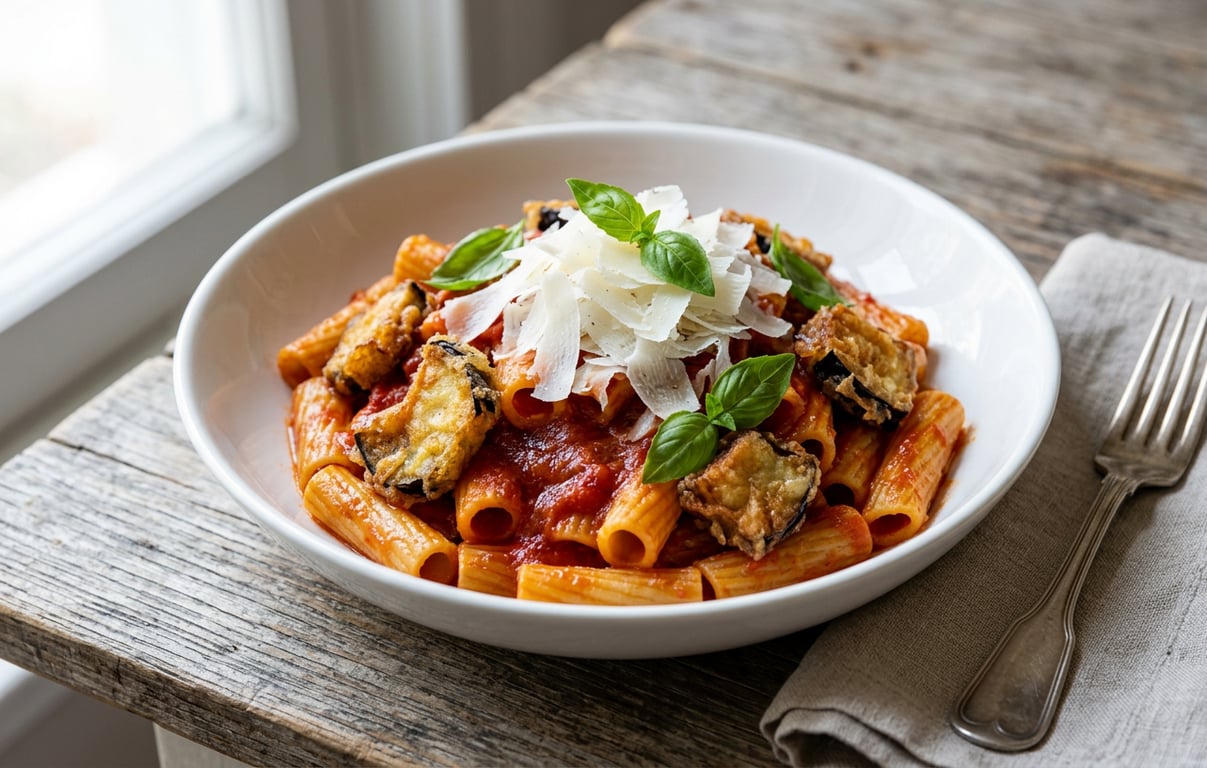 Farfurie cu pasta alla Norma, vinete aurii și ricotta sărată rasă