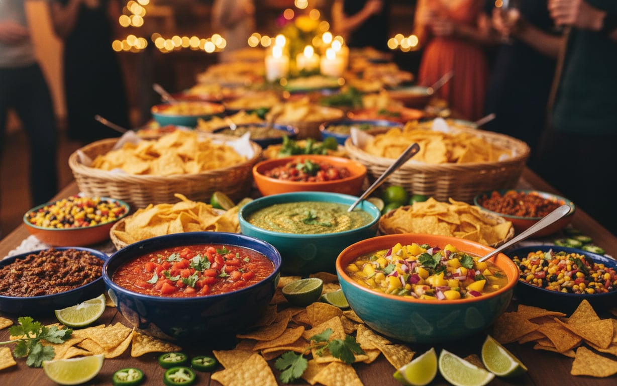 Masă de petrecere cu mai multe tipuri de salsa și chipsuri tortilla