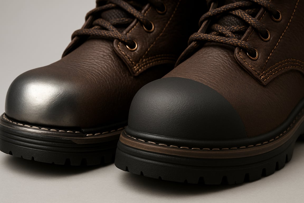 A close-up, photorealistic shot of two safety boots side-by-side, one with a visible steel toe cap and the other with a composite toe cap. The steel toe cap boot shows the metallic edge, while the composite boot showcases a non-metallic, possibly reinforced polymer material. The image highlights the difference in materials and construction, emphasizing the protective features of each type of toe cap in a well-lit studio setting.