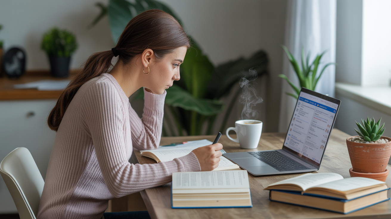 Student studying for IELTS exam with books and laptop