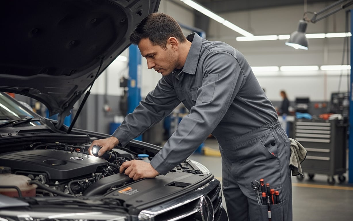 Mecanic în salopetă funcțională lucrând în atelier auto