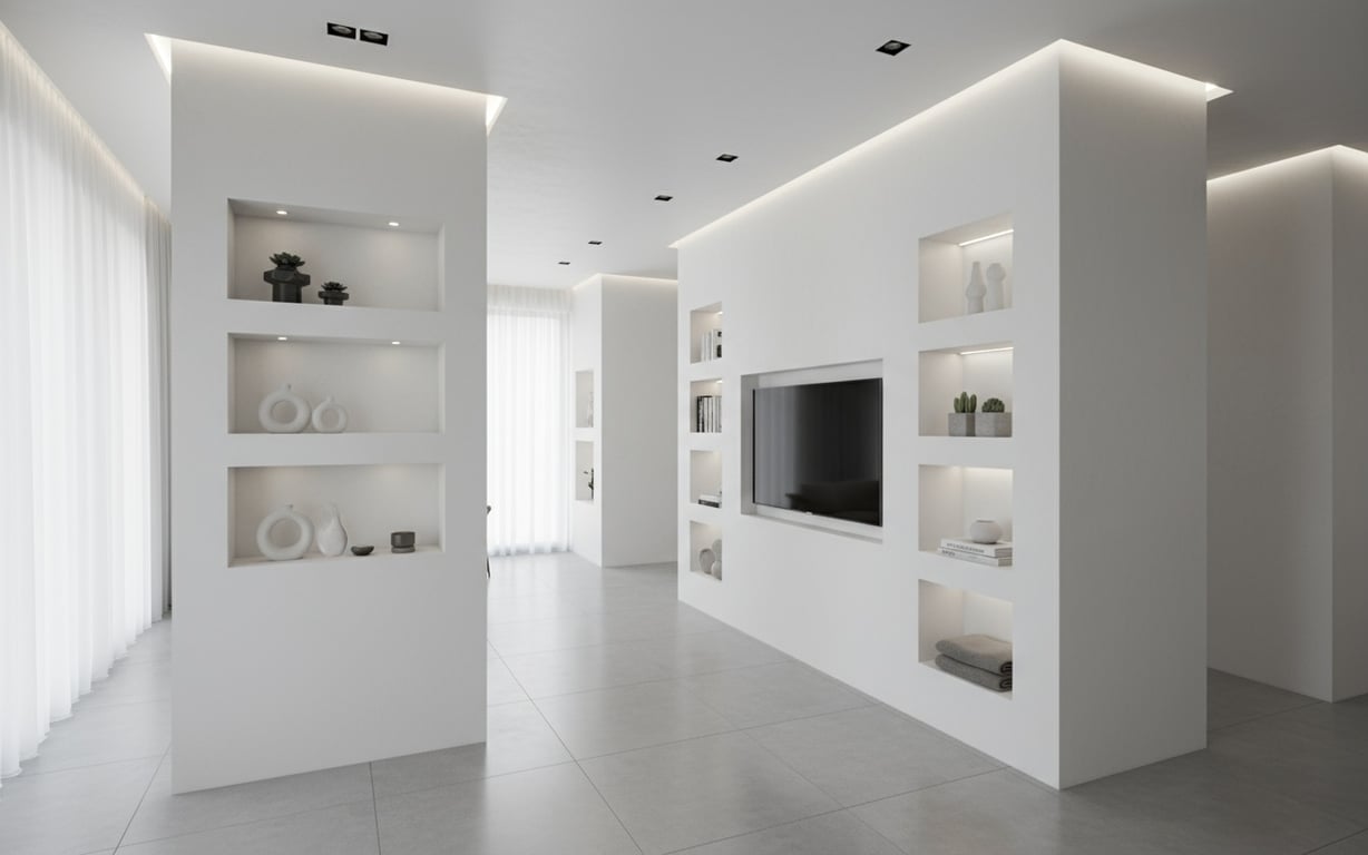 Interior modern cu diverse aplicații de gips carton: pereți, tavan fals și nișe decorative