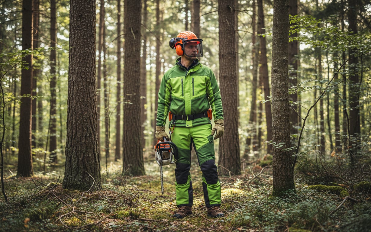 Lucrător forestier cu echipament complet de protecție inclusiv antifoane și cască în pădure