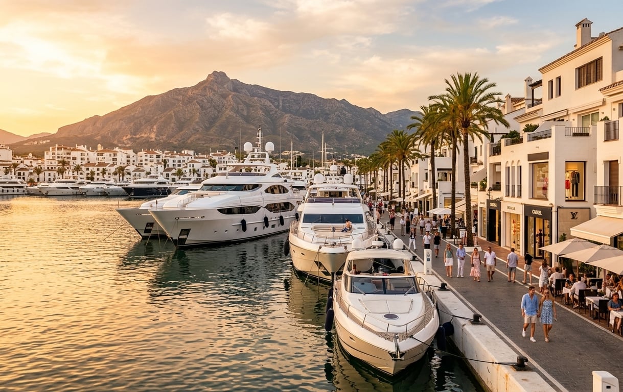 Puerto Banús cu iahturi de lux și magazine de designer pe malul portului