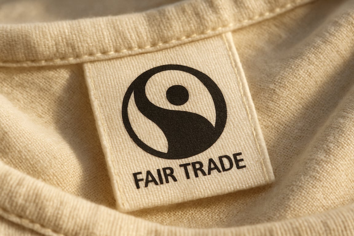 A photorealistic shot capturing a close-up of a garment label displaying a Fair Trade certification logo, with soft, natural lighting highlighting the texture of the organic cotton fabric, emphasizing the ethical and sustainable sourcing practices, and conveying a sense of trust and transparency to the consumer, with a focus on the details that signify responsible production.