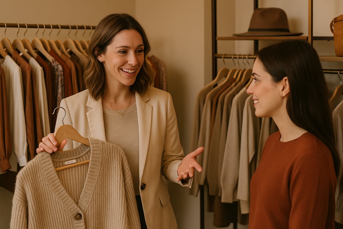 A photorealistic shot capturing a boutique owner interacting with a customer, offering personalized styling advice, surrounded by clothing racks and accessories, with a warm and inviting atmosphere, emphasizing the importance of customer service and building relationships in the boutique business.