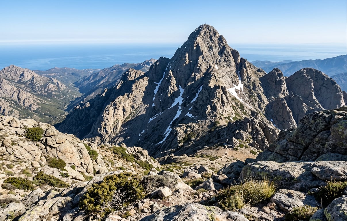 Vârful Monte Cinto acoperit parțial de zăpadă dominând peisajul montan corsican