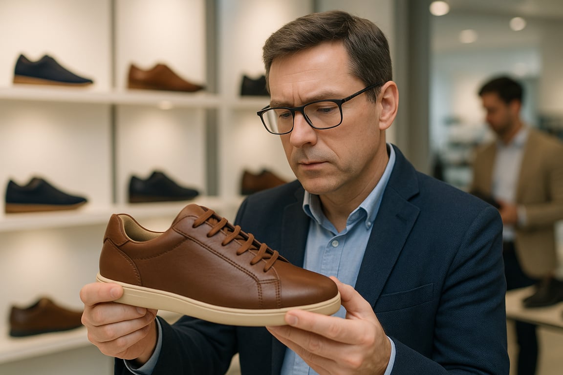 A retailer carefully examining a sample shoe in a well-lit showroom, focusing on the quality of the stitching and materials, with a blurred background showing other shoe displays and a sales representative assisting, under soft, diffused lighting, emphasizing the attention to detail in selecting high-quality products, photographed in a professional, informative style.