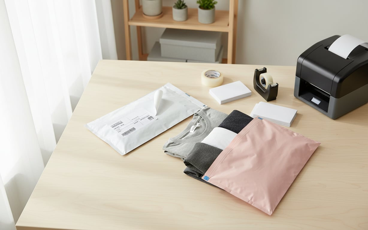Seller packing sold clothing items into mailers beside printed shipping labels