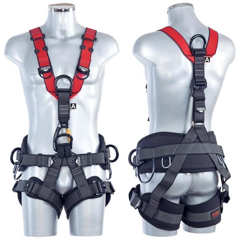 Close-up shot of a Vertiqual AUTOMATIC V8 climbing harness, showcasing its features such as multiple attachment points, adjustable straps, and durable construction, highlighting the comfort and safety aspects of the harness, with a focus on the high-quality materials and ergonomic design.