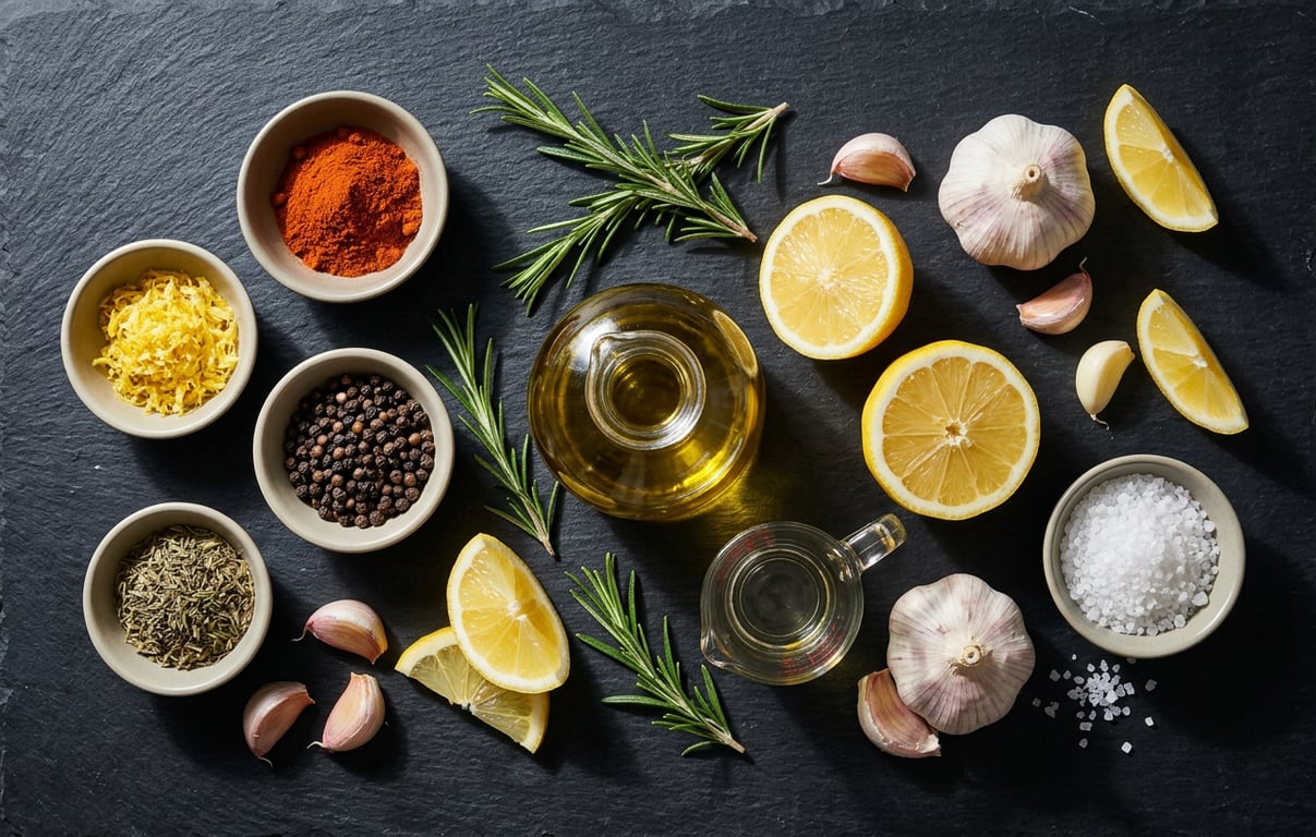 Ingrediente pentru marinată aranjate pe masă: ulei, lămâie, usturoi și condimente