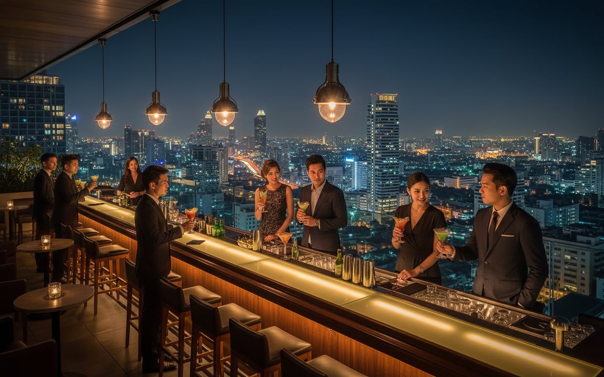 Bar pe acoperiș din Bangkok cu vedere panoramică asupra zgârie-norilor luminați seara