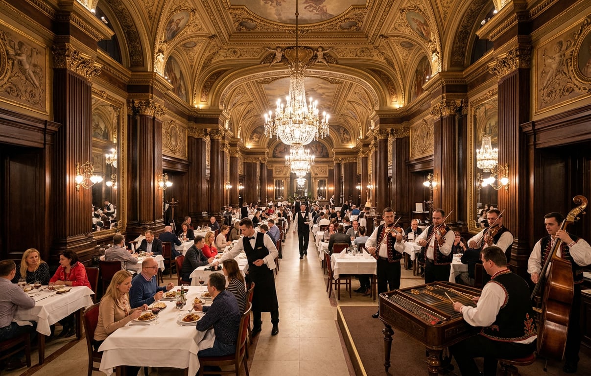 Interior elegant al restaurantului tradițional Kárpátia din Budapesta cu orchestră de muzică ungurească și mese servite
