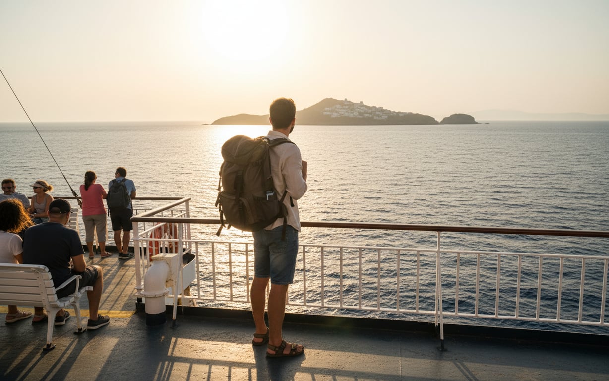 Turist tânăr cu rucsac pe un feribot grecesc privind spre insulă