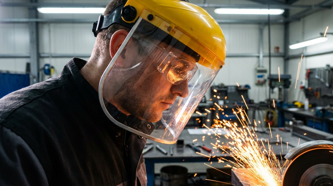 Muncitor industrial purtand viziera de protectie si ochelari in timpul operatiunilor de slefuire