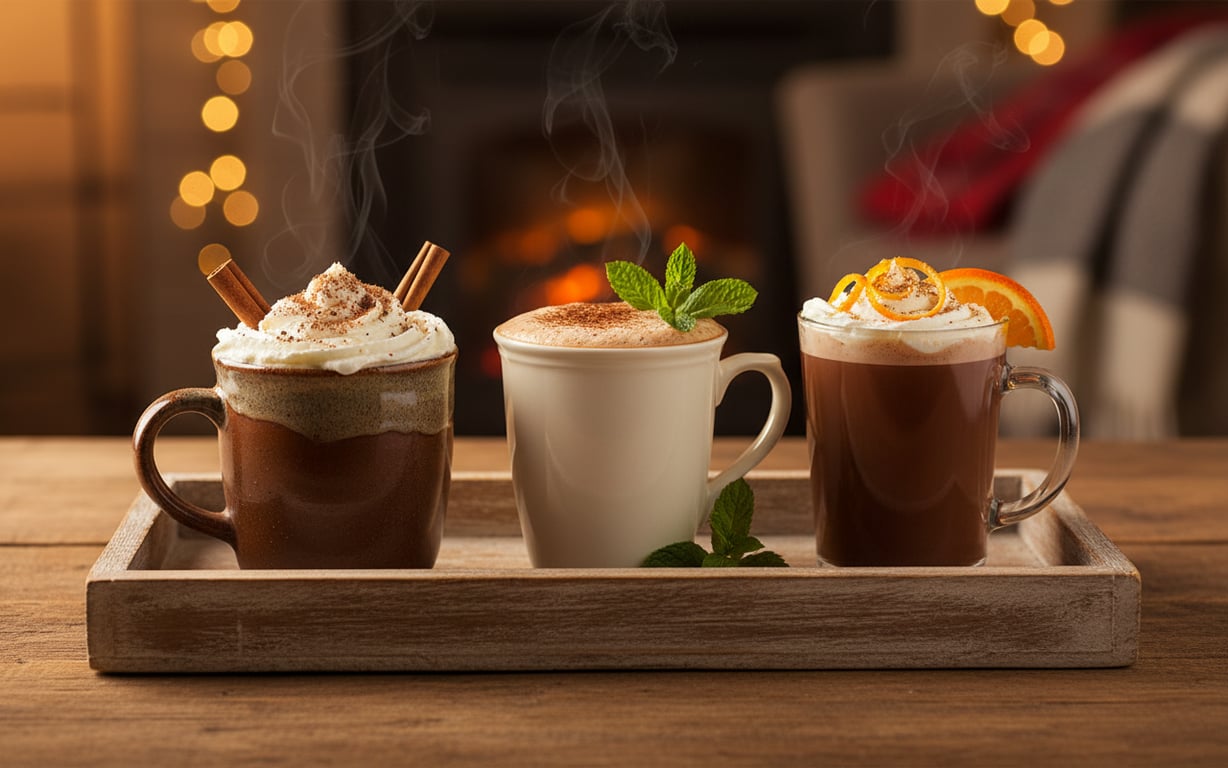 Trei căni cu ciocolată caldă aromată cu condimente diferite