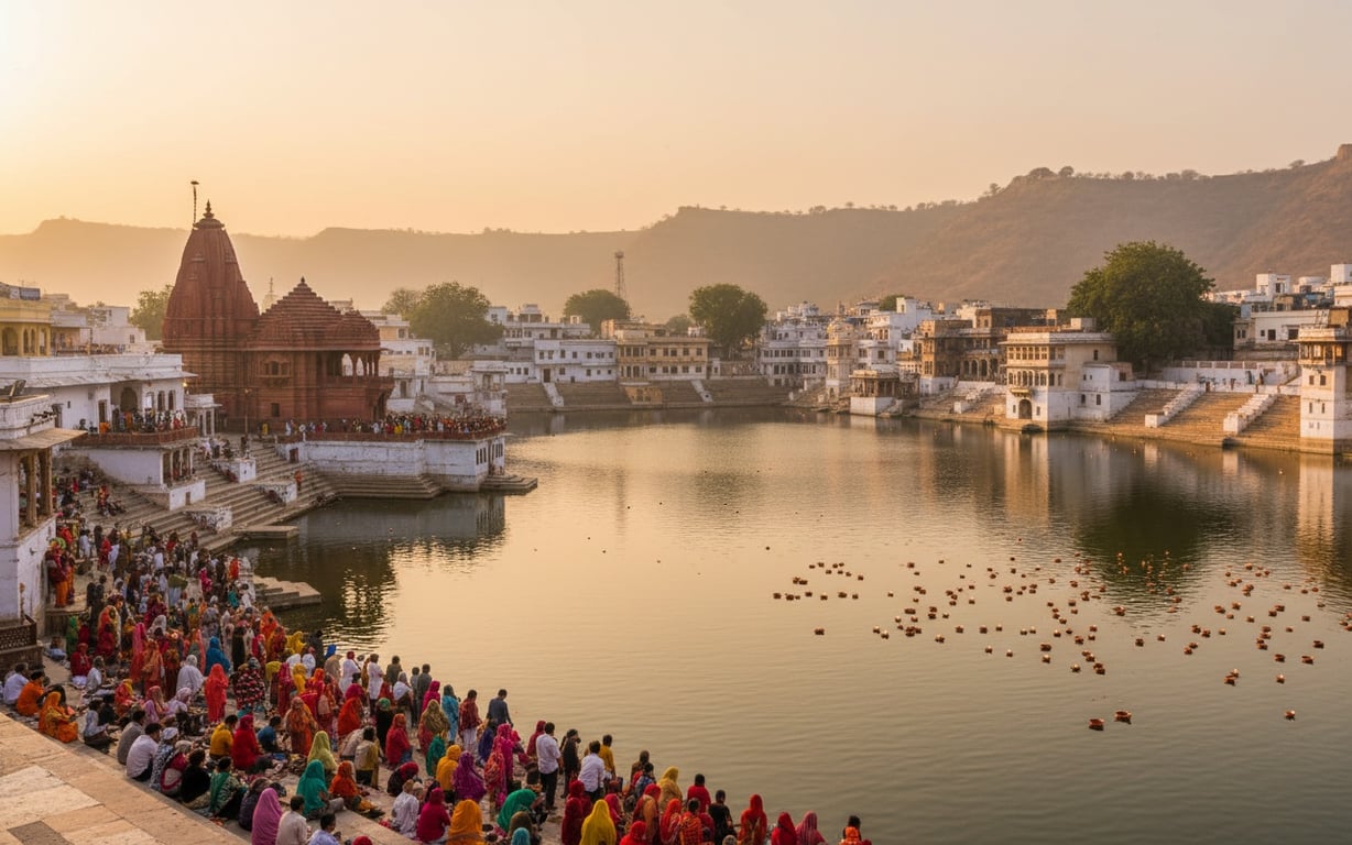 Bustling Rajasthani market bazaar with colorful textiles and handicrafts