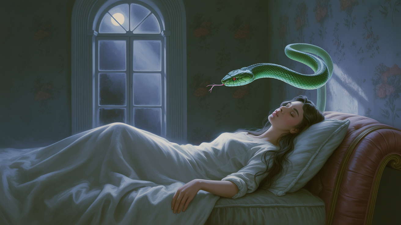 O persoană adormită, cu un șarpe subtil plutind deasupra capului.