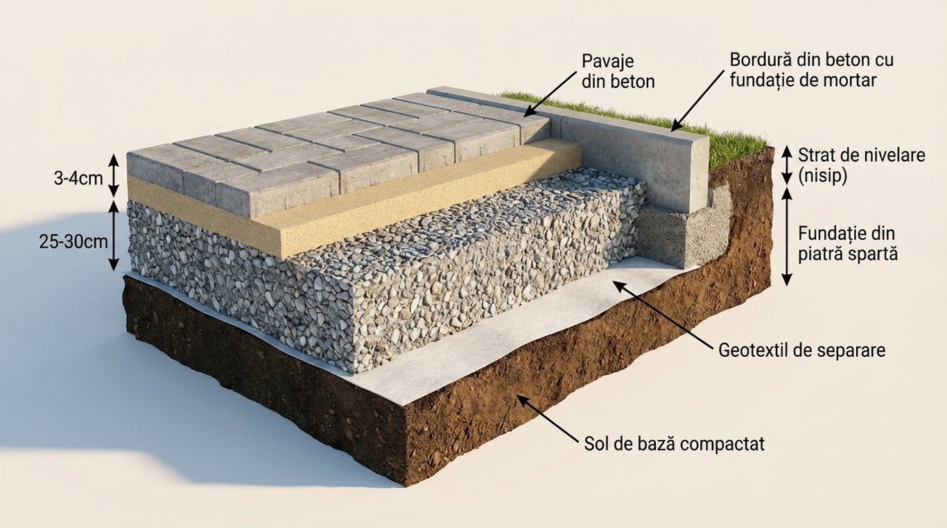 Secțiune tehnică în straturi a structurii corecte de montaj pentru pavaj: fundație, geotextil, borduri și pavele