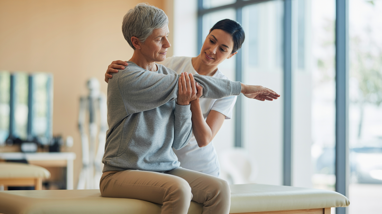 Fizioterapeut lucrând cu un pacient, îmbunătățind mobilitatea brațului