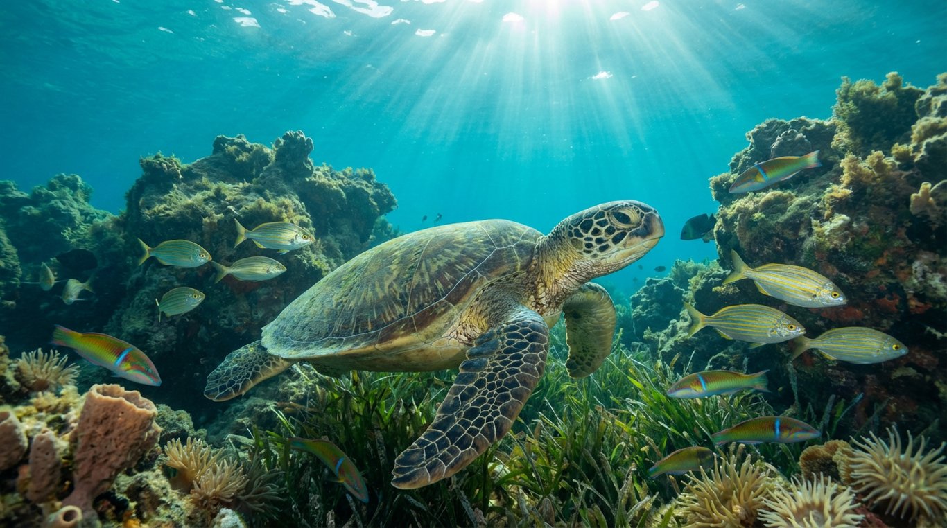 Țestoasă marină verde înotând prin apele clare ale Ciprului înconjurată de pești mediteraneeni colorați și alge marine