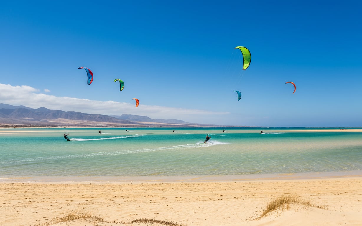 Kitesurferi pe apele turcoaz ale plajei Sotavento din sudul Fuerteventurei