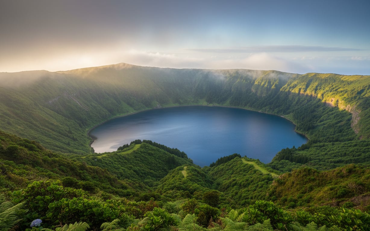 Peisaj vulcanic verde cu lac de crater în insulele Azore, Portugalia