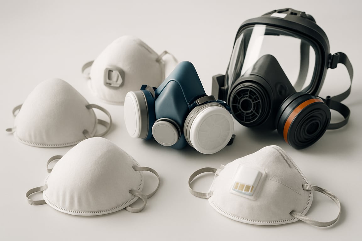A photorealistic shot capturing a selection of various respiratory masks including FFP2, half-masks, and full-face respirators displayed on a clean white surface, showcasing the different types and designs available for respiratory protection, with soft, diffused lighting to highlight the details of each mask, emphasizing the variety and options for different protection needs.