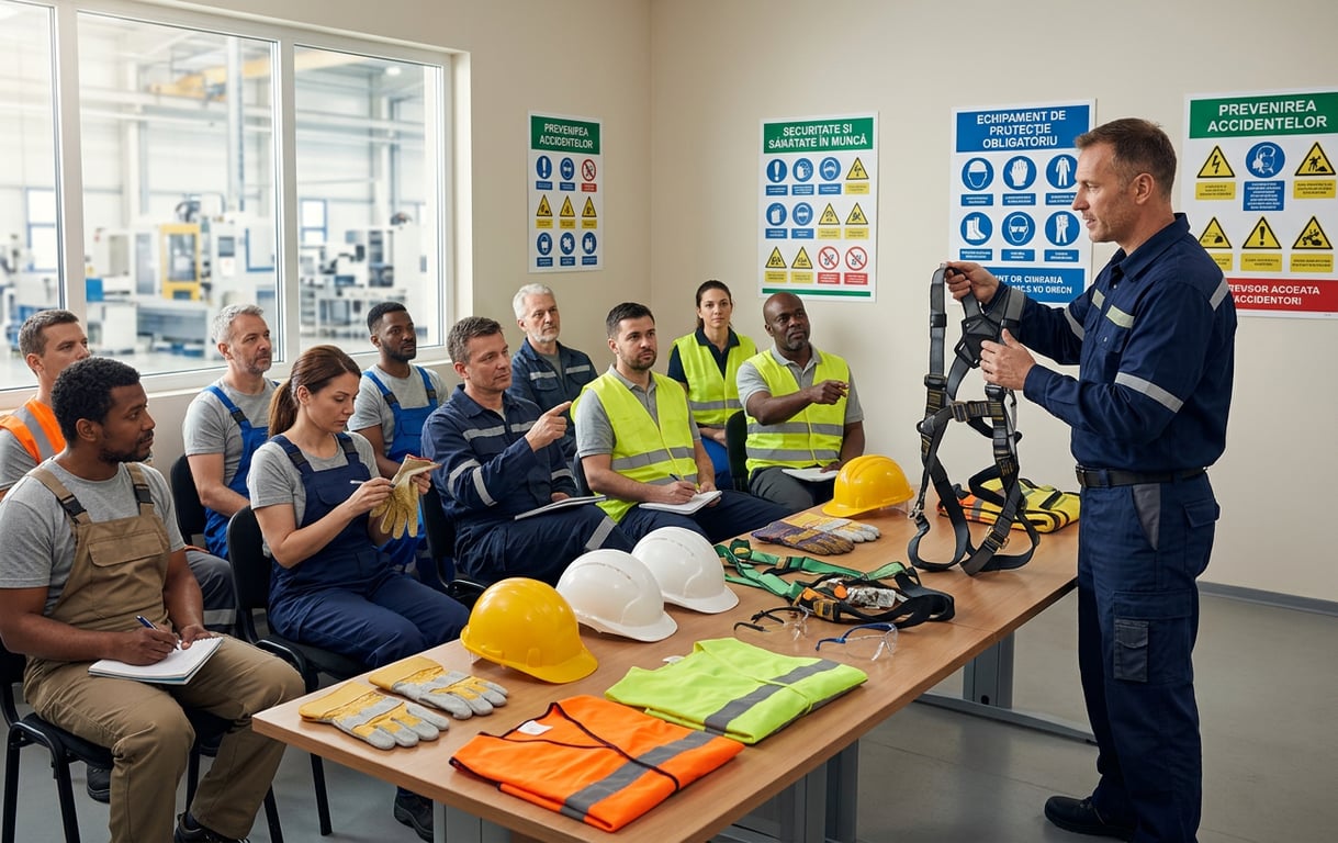 Sesiune instruire siguranta muncii cu demonstratie utilizare echipament protectie