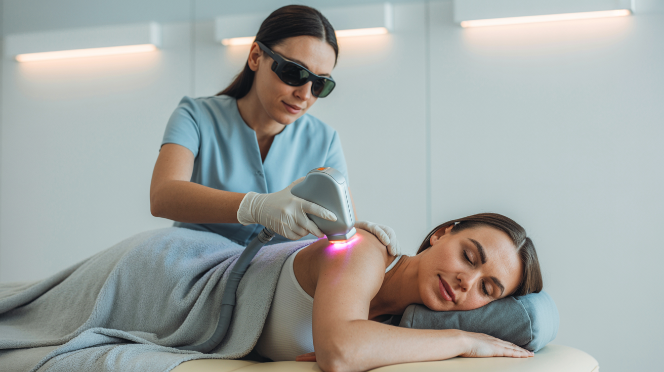 Terapeut aplicând terapie cu laser pe umărul unui pacient