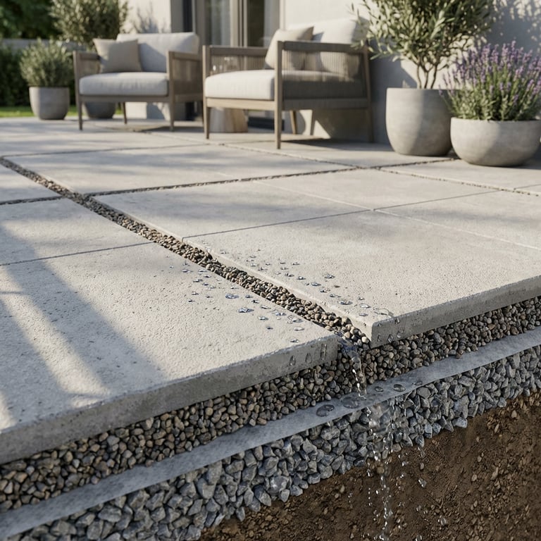 Pavaj modern permeabil cu sistem de drenaj integrat pentru terasă rezidențială contemporană