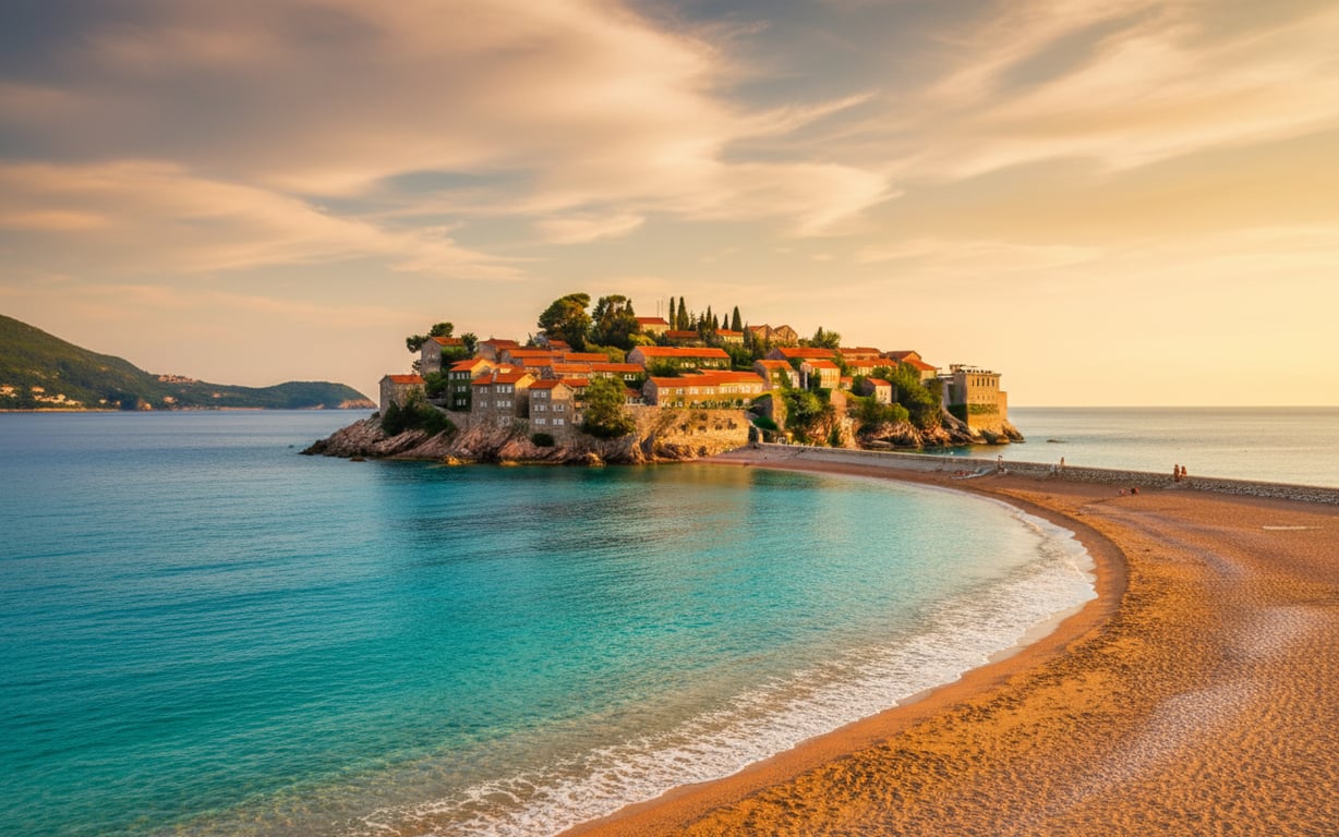 Insula Sveti Stefan din Muntenegru cu plajă de nisip și apă turcoaz