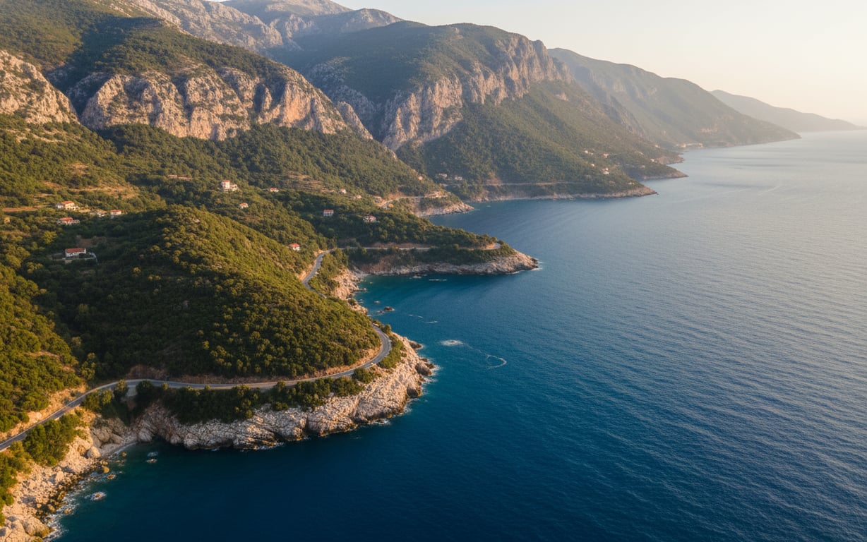 Riviera Albaneză cu munți verzi care coboară spre marea albastră