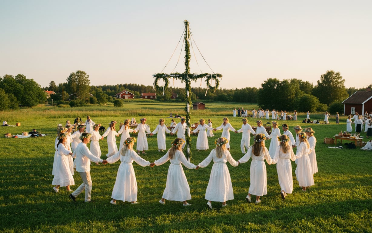 Oameni sărbătorind Midsommar în Suedia, cu stâlp împodobit cu flori și dans tradițional