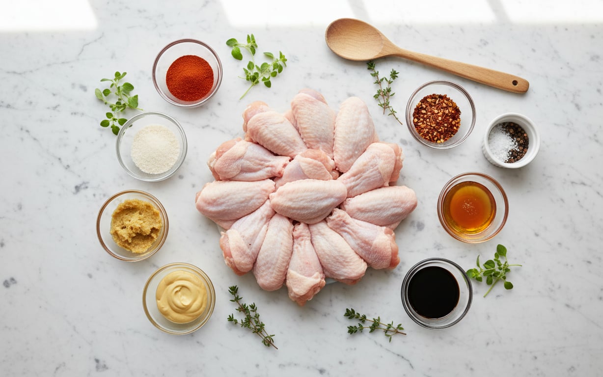 Ingrediente pentru aripioare picante aranjate pe blat de bucătărie