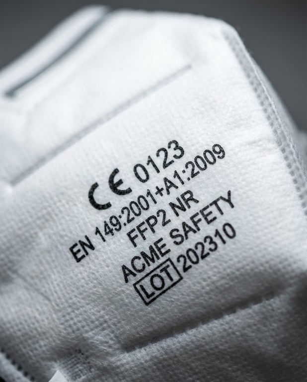 Detaliu apropiat al marcajelor de certificare CE si EN 149 pe masca FFP2