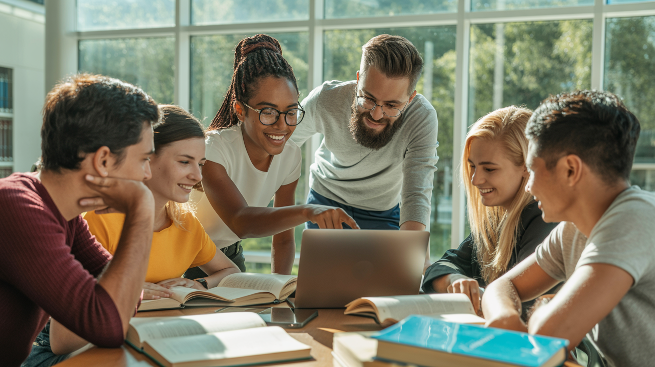 Studenți internaționali colaborând într-o bibliotecă modernă, reflectând beneficiile unui master în străinătate.