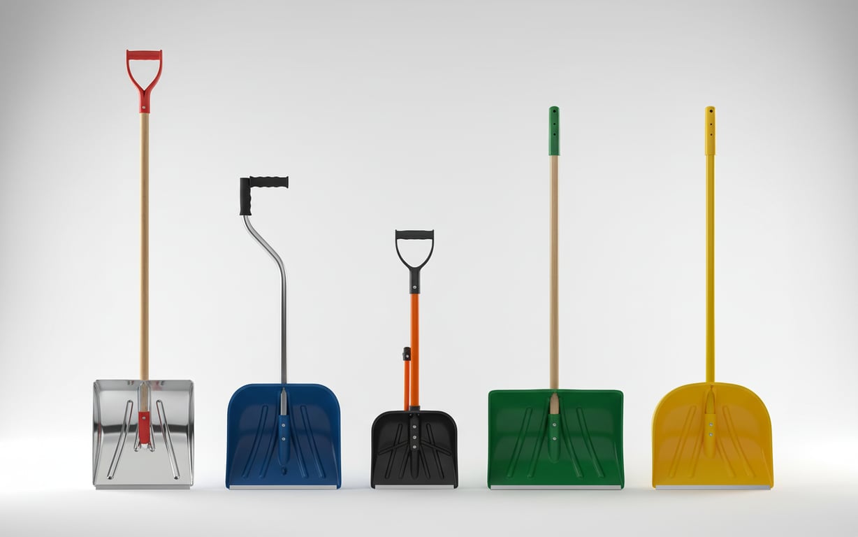 Diferite tipuri de lopeti pentru zăpadă aranjate pentru comparație