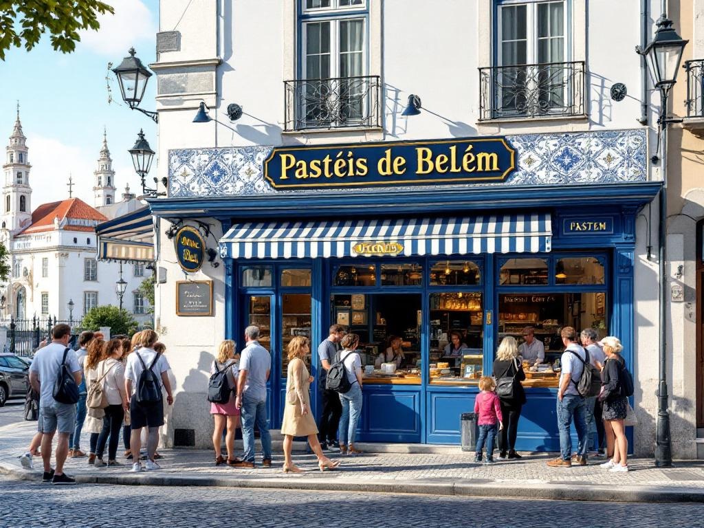 Fațada istorică a cofetăriei Pastéis de Belém din Lisabona cu clienți la coadă