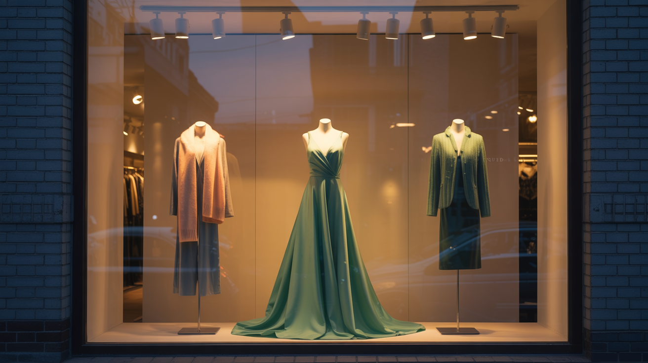 Βιτρίνα μπουτίκ με layered lighting και έμφαση στα προϊόντα.