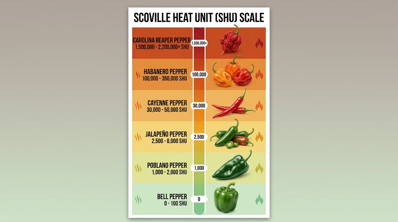 Diagramă vizuală a scalei Scoville cu diferite tipuri de ardei iuți aranjați pe niveluri