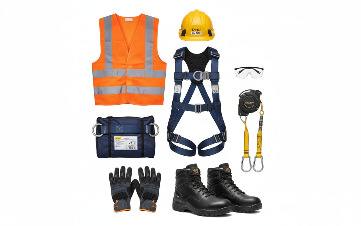 Set complet echipament protectie lucru inaltime cu casca, ham si bocanci
