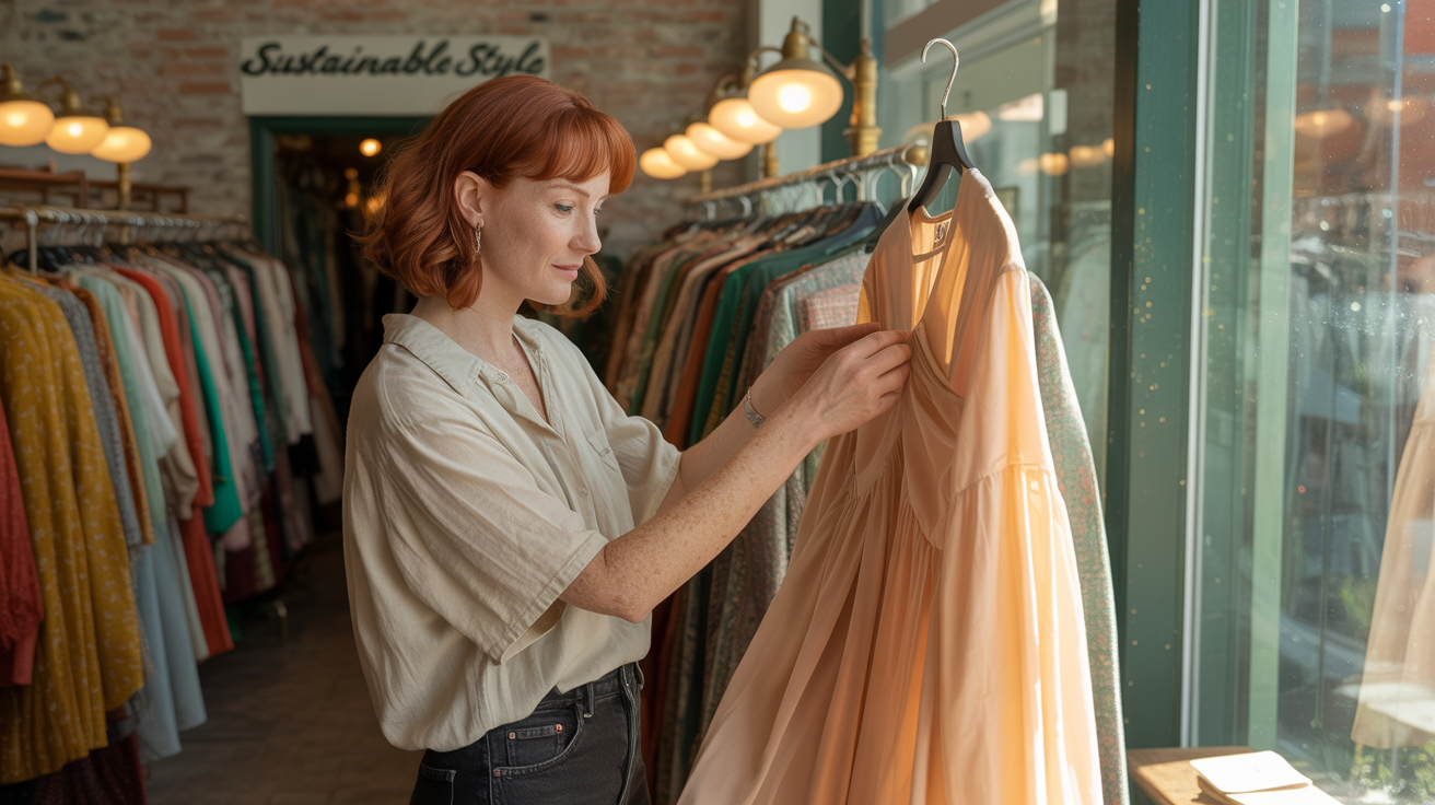 Γυναίκα σε μπουτίκ vintage, επιλέγοντας ρούχα με προσοχή και ενδιαφέρον.