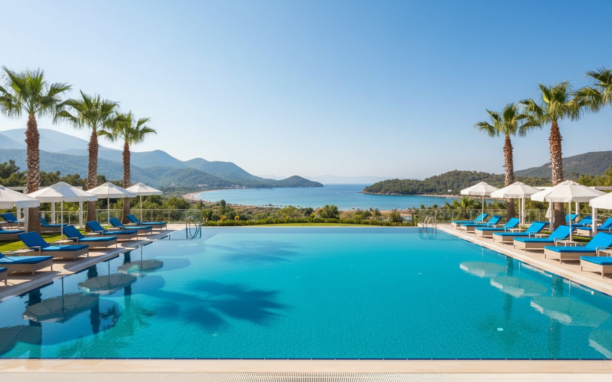 Piscină de hotel cu vedere spre mare într-un resort din Oludeniz, Turcia, vara